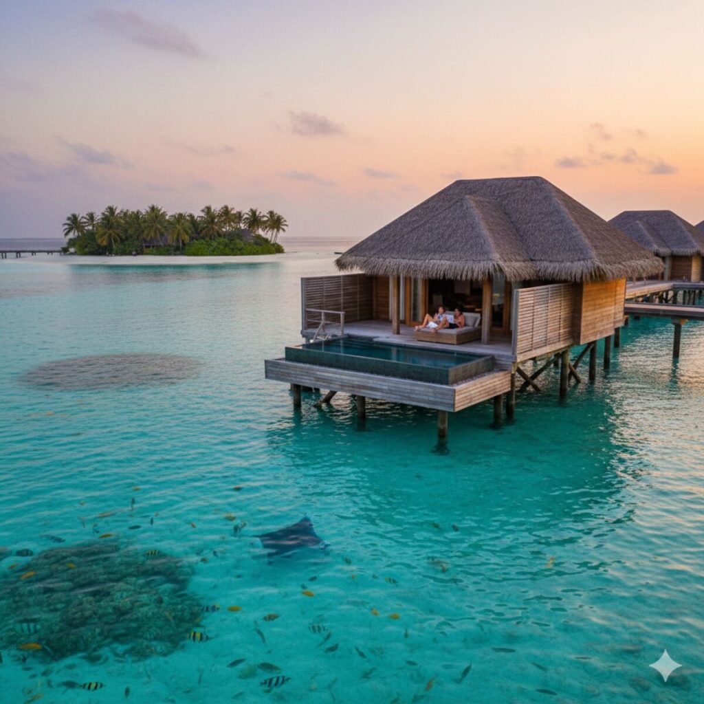 Luxury overwater bungalow in the Maldives at sunset with crystal-clear turquoise water, private pool, and manta ray visible below.