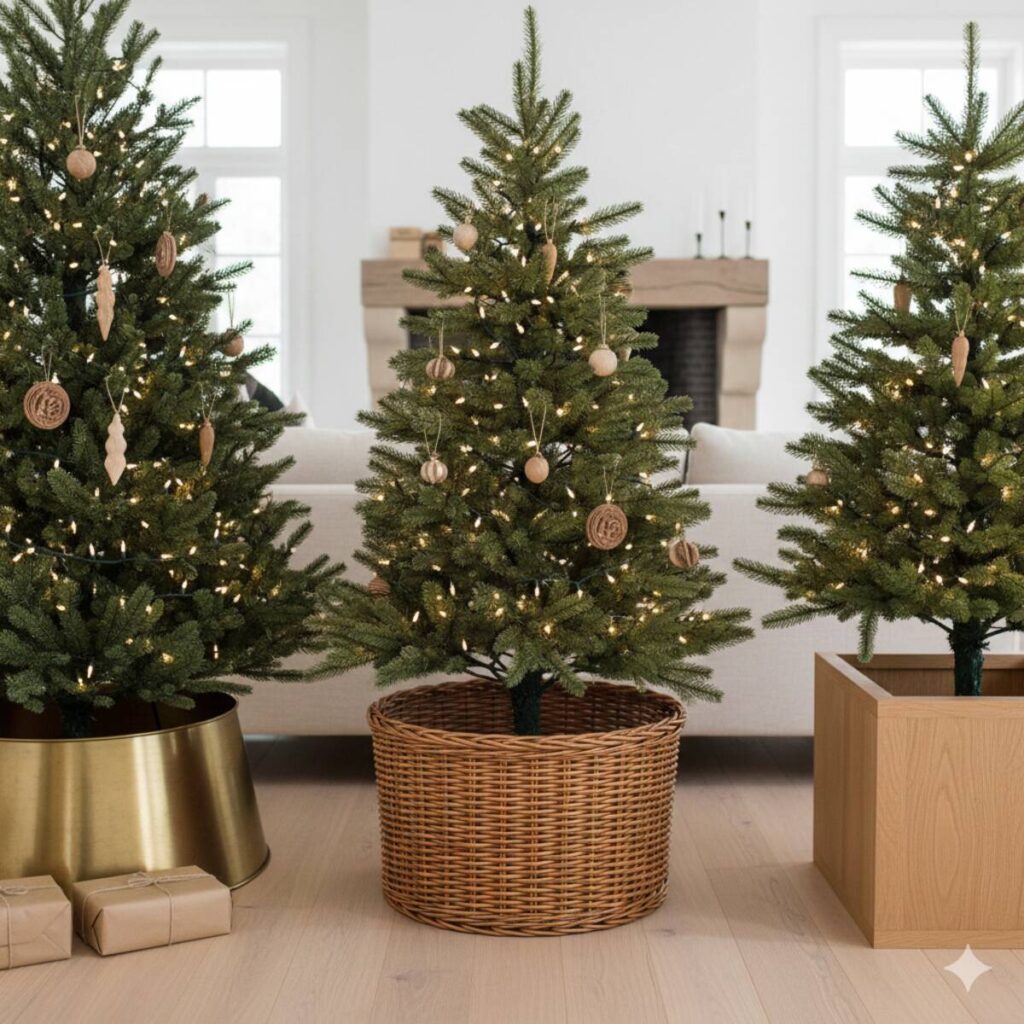 Three decorated, lit minimalist Christmas trees using clean bases: a brass collar, a woven basket, and a wooden box.