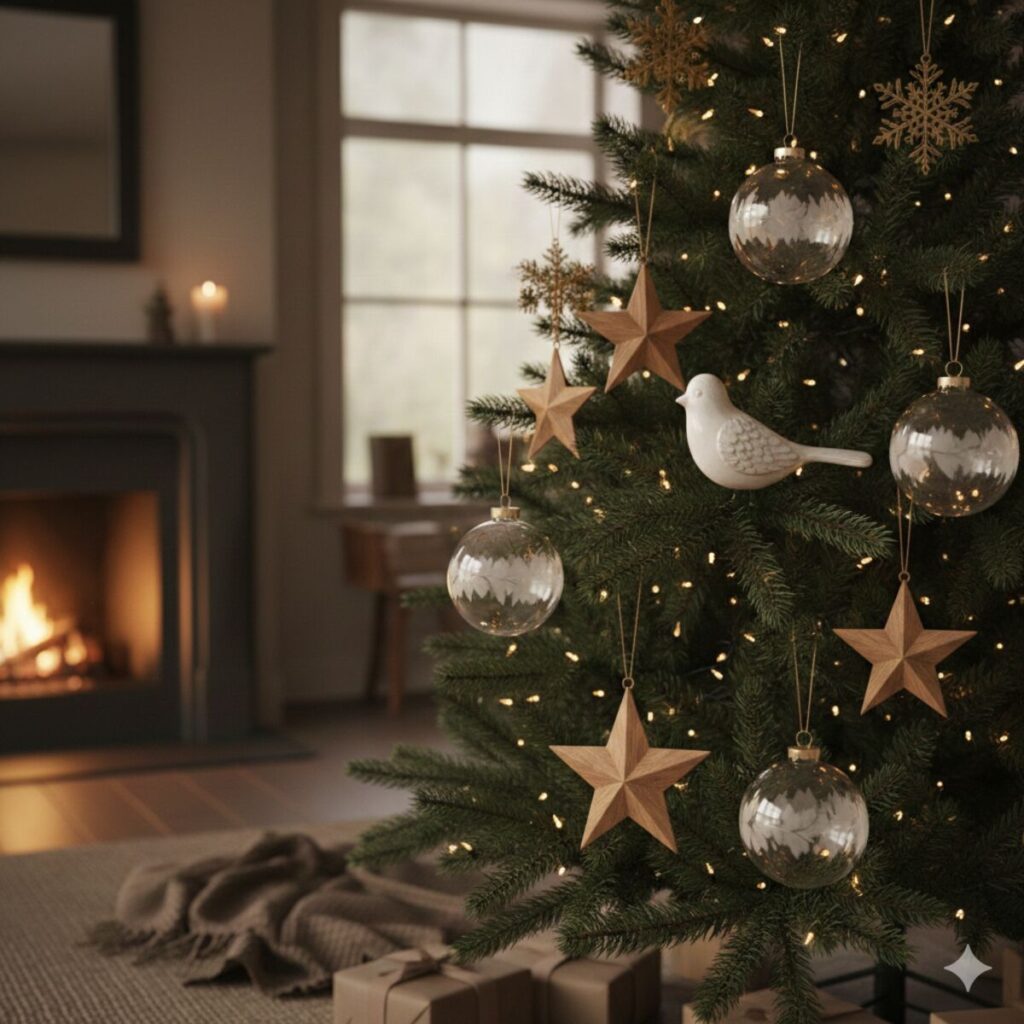Close-up of a minimalist Christmas tree with warm lights and fewer, high-quality ornaments: large glass globes, wooden stars, and a ceramic bird, set in a cozy living room with a fireplace.