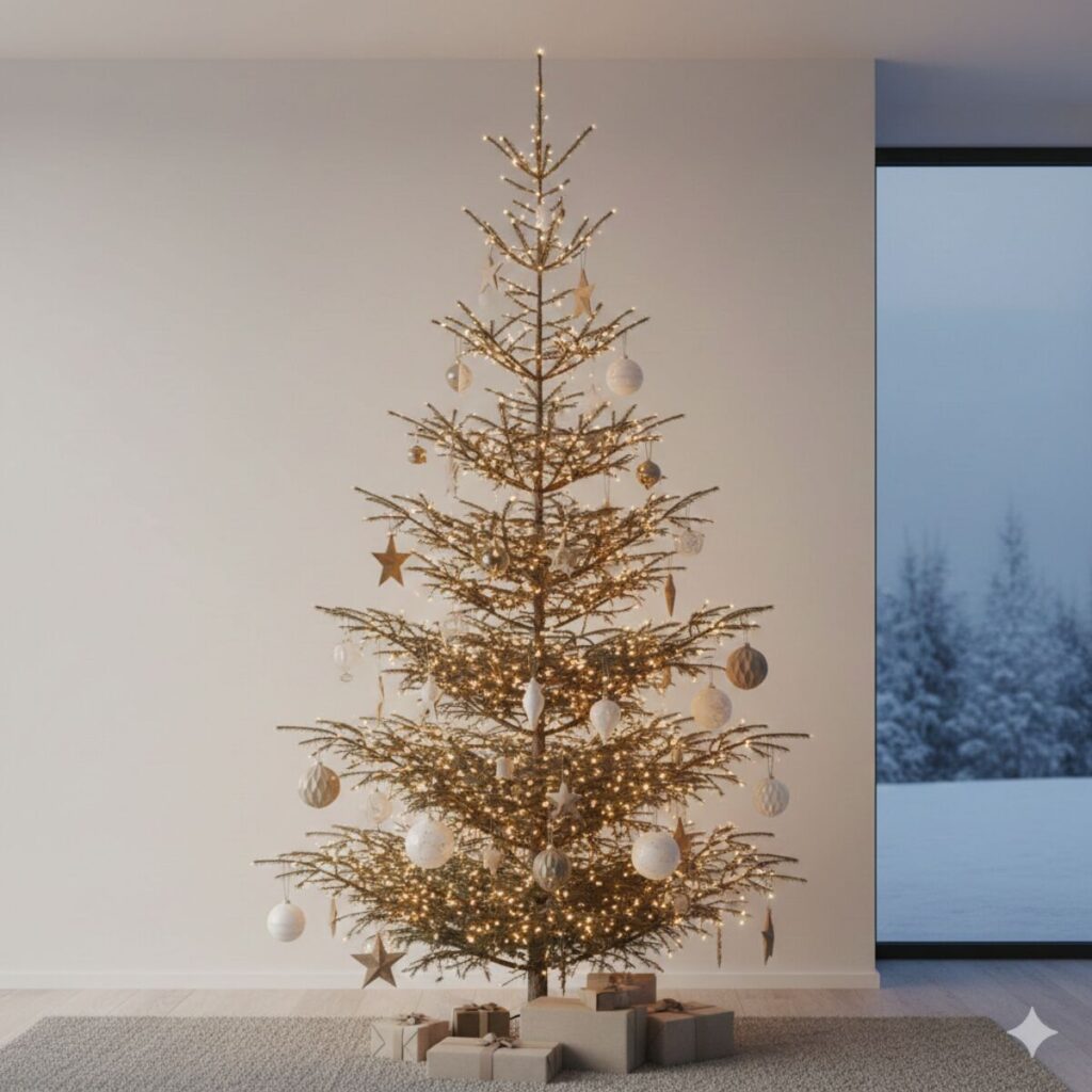 Minimalist Christmas tree embracing a sparse, airy look with neutral ornaments and warm lights against a bright room and snowy window.