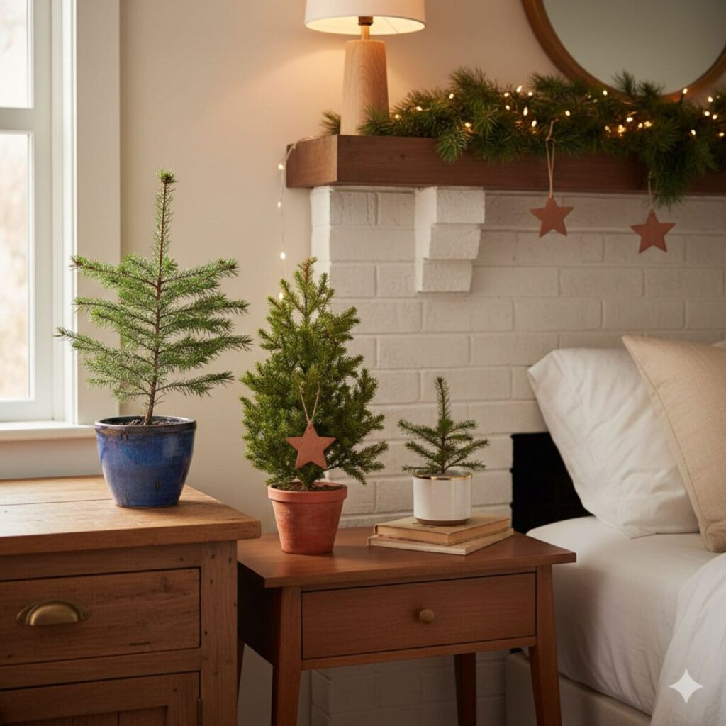 Three small potted evergreen trees with simple star ornaments on wooden bedside tables in a minimalist bedroom.