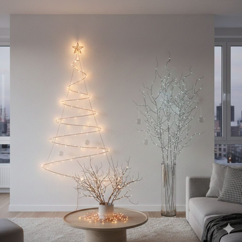 Minimalist Christmas decor featuring a wall-mounted string light tree and tall vase arrangements of bare, illuminated branches.