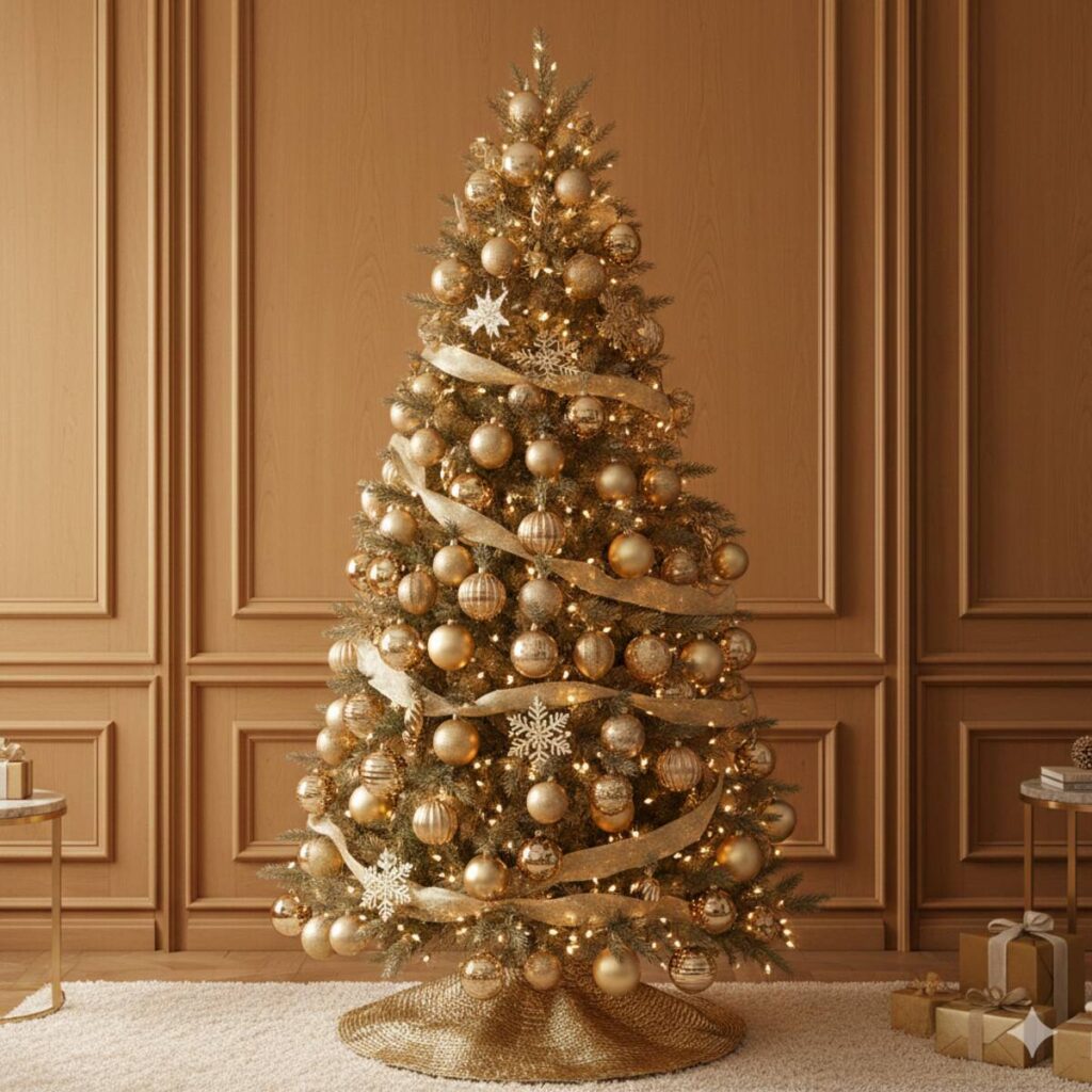 Sophisticated Christmas tree decorated exclusively with gold and champagne ornaments and ribbon, set against warm wood paneling.
