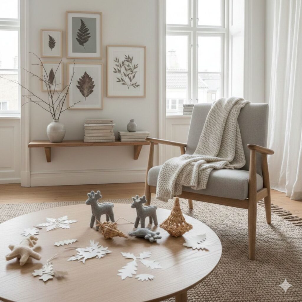 Minimalist Scandinavian living room with light wood furniture, white walls, and cozy natural decorations: felt reindeer, paper snowflakes, and straw ornaments.