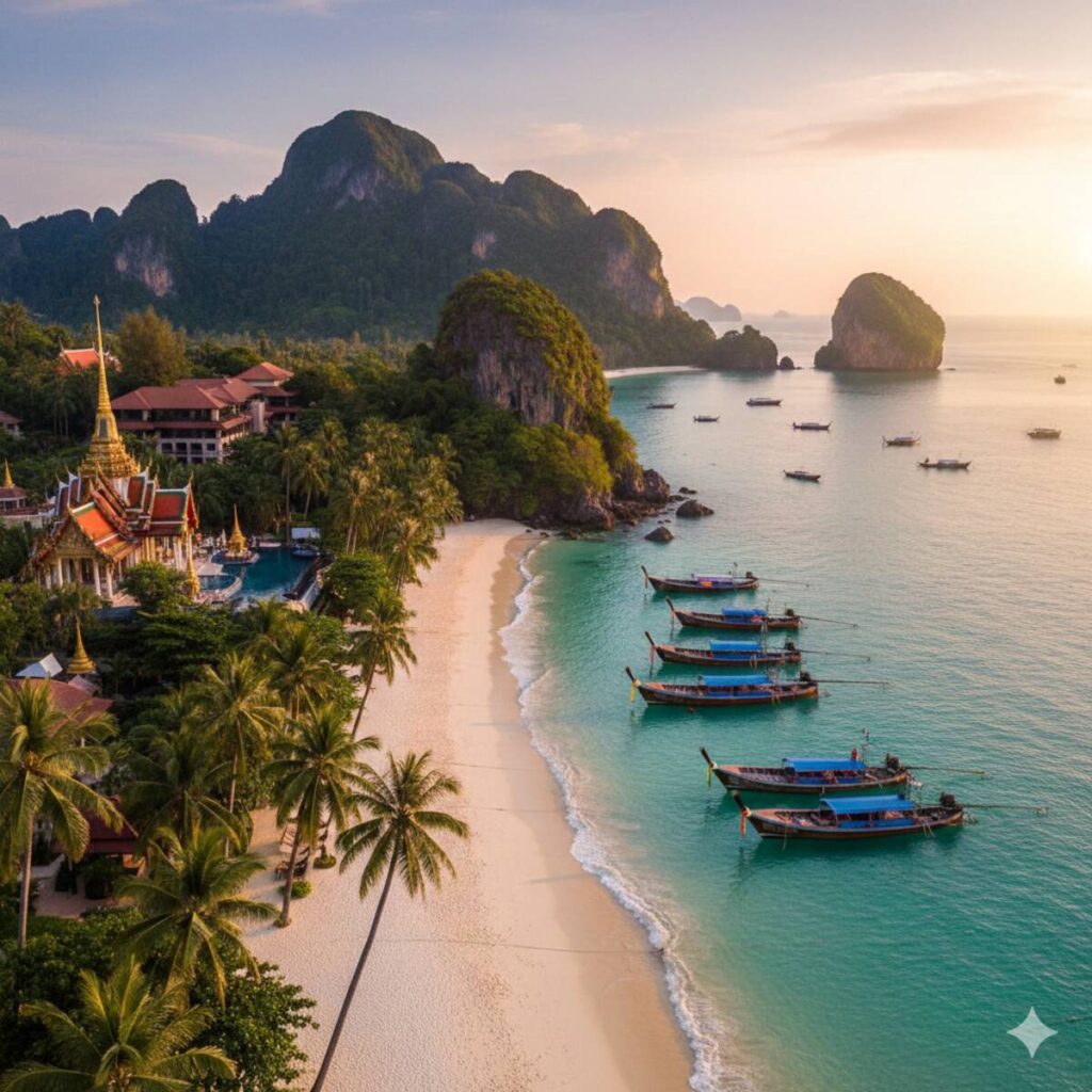 Aerial view of a secluded white-sand beach in Phuket, Thailand, with traditional longtail boats floating on turquoise water at sunrise.