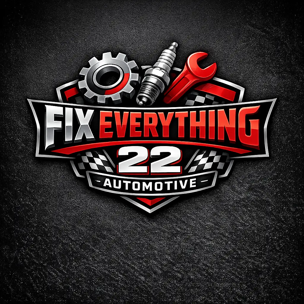 Logo for 22 Automotive with gear, spark plug, and wrench icons; slogan 'Fix Everything' in red and white on a shield background