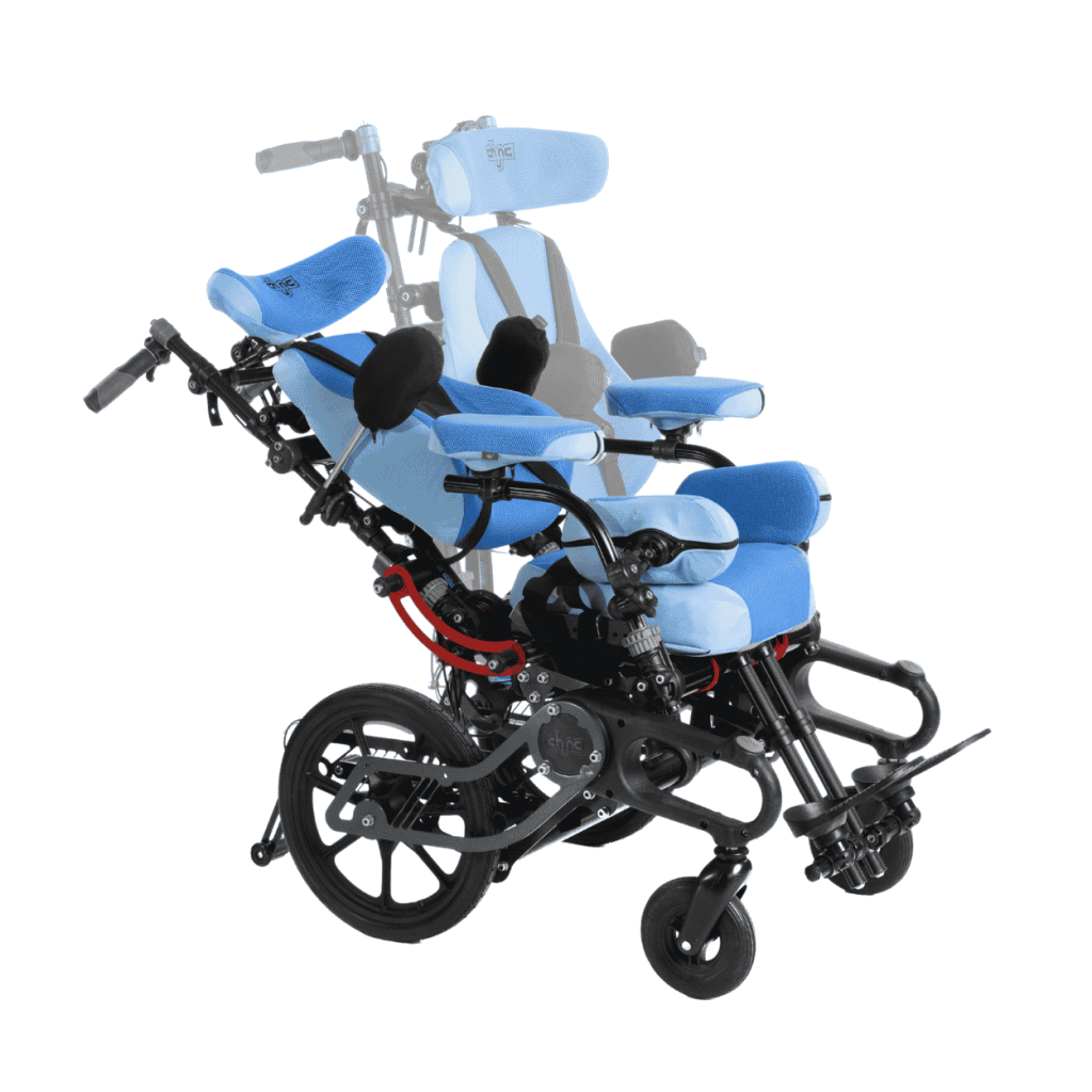 Blue Chunc One wheelchair shown in a 160-degree recline position