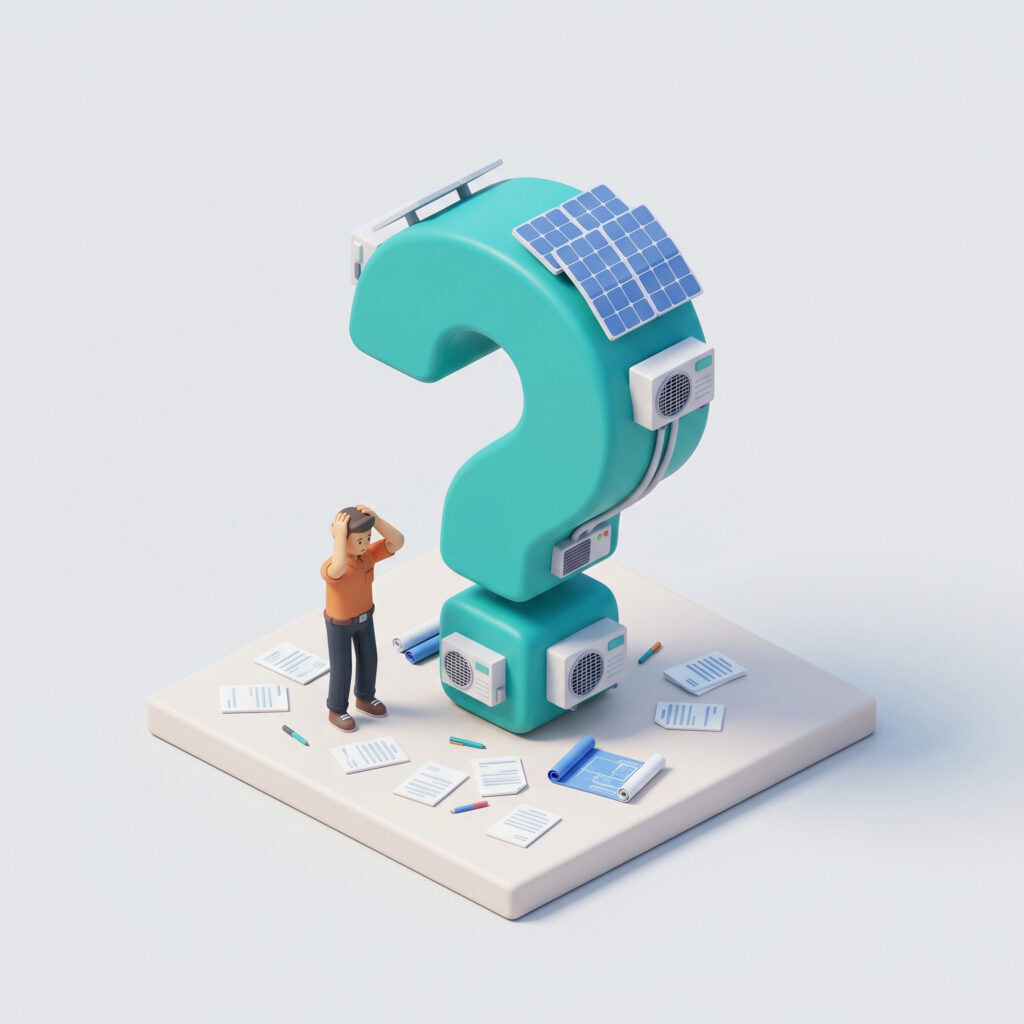 FAQ von Delta-T Klimatechnik für PV und Klimaanlagen. Auf dem Symbolbild ist ein großes, dreidimensionales Fragezeichen zu sehen, das mit PV-Anlagen und Klimaanlagen versehen ist. Daneben steht ein Mensch, der überfordert ist. Drum herum liegen Dokumente und Stifte.