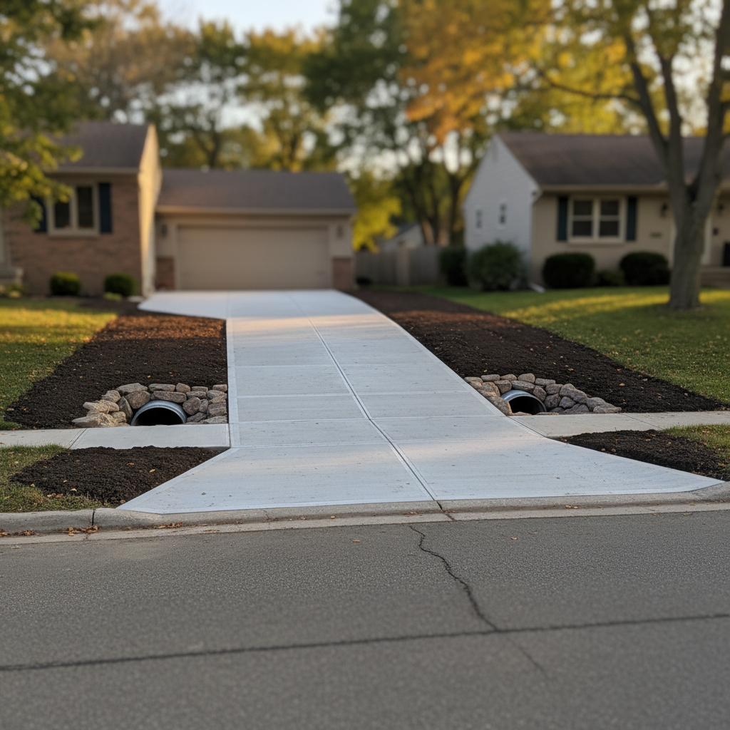 A tidy suburban Oakland County streetscape showing a freshly excavated and rebuilt residential driveway and culvert. The new concrete driveway slab has crisp, saw-cut joints and a subtly brushed surface, bordered by evenly graded topsoil ready for seeding. A new galvanized steel culvert pipe is partially visible under a cleanly sculpted ditch, with riprap stone at the inlet and outlet for erosion control. Photographic realism with warm late-afternoon sunlight highlights the textures of concrete, gravel, and earth while casting soft, elongated shadows across the driveway. Shot from curb level with a slight angle down the length of the drive, the composition uses rule of thirds to balance the reconstructed work with neat neighboring yards and mature maples in soft focus, creating a calm, established, and professionally finished atmosphere.