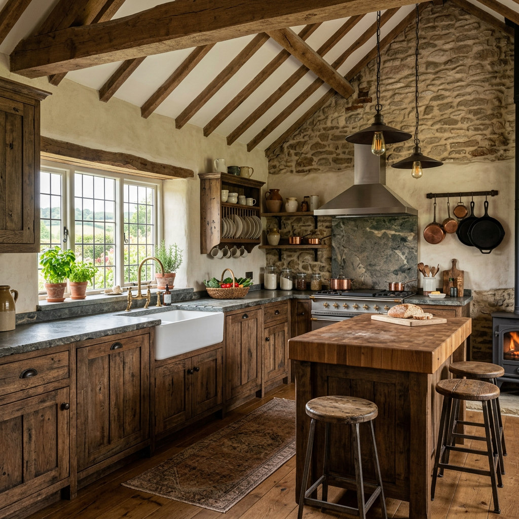 Rustic farmhouse kitchen with wooden cabinets, stone walls, and kitchen island