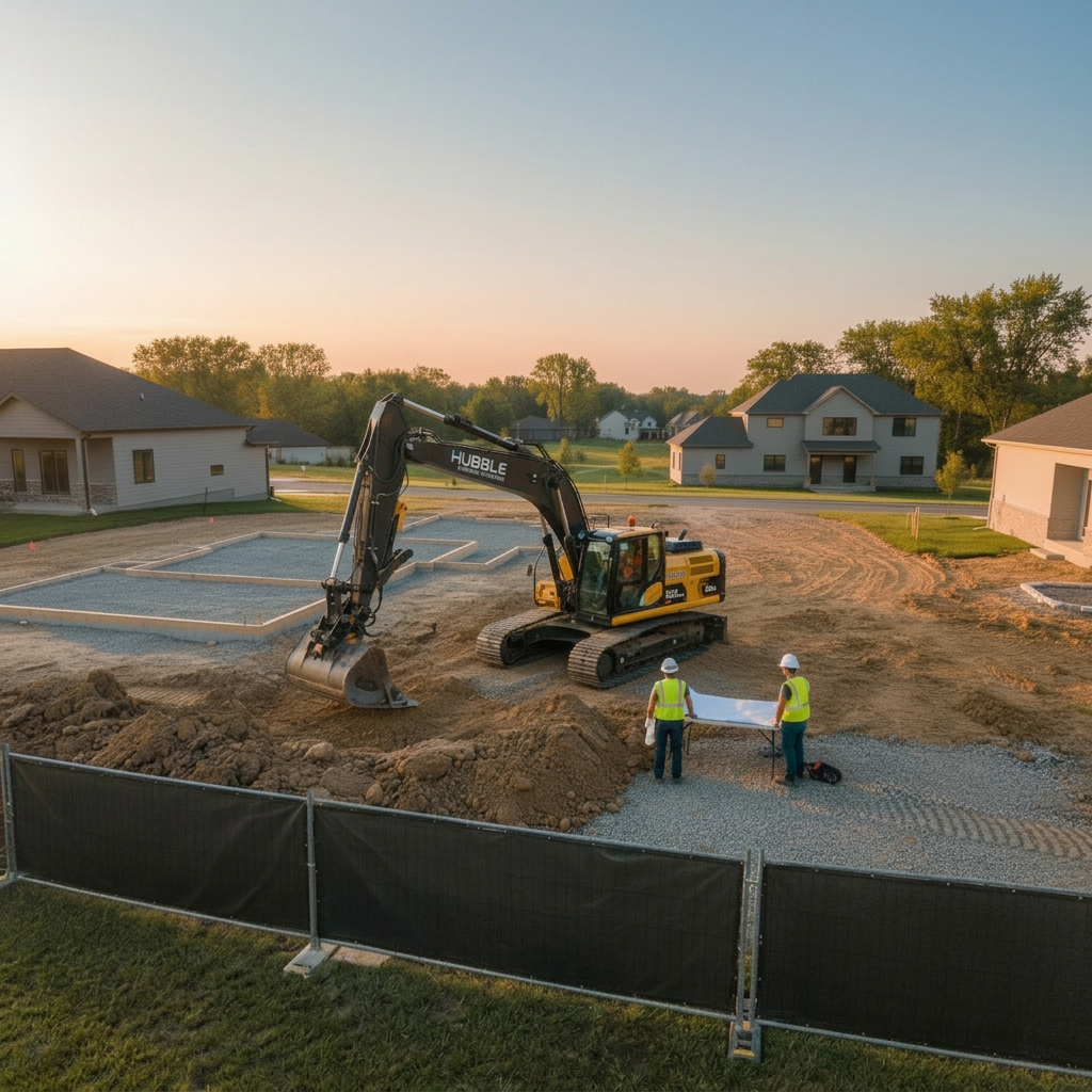 Edit the existing construction and excavation site image to remove the Hubble logo and any branding from equipment or signage while keeping the scene, colors, and composition the same.