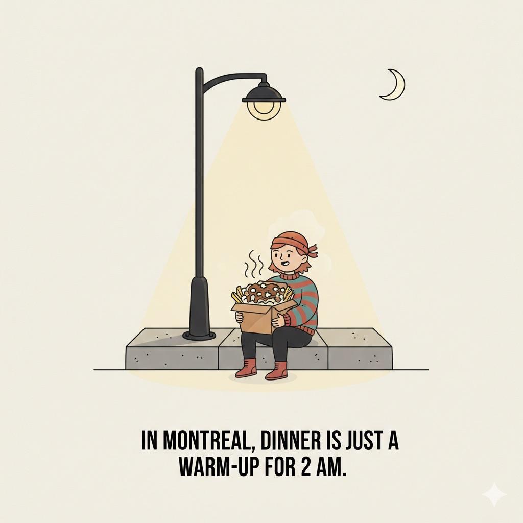 Minimalist doodle of a character eating poutine under a streetlamp at night, illustrating Montreal's 24/7 food culture and the famous late-night poutine ritual.