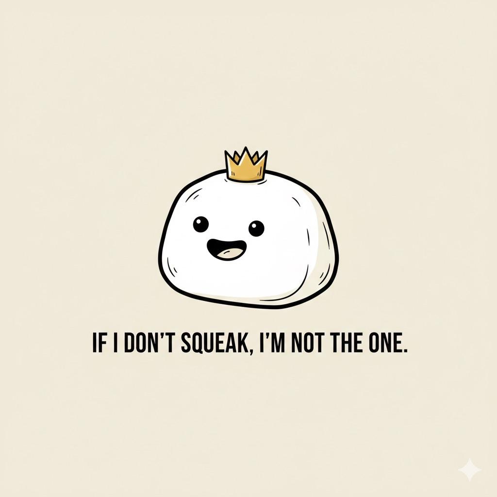 A minimalist doodle of a happy cheese curd wearing a gold crown with the caption "If I don't squeak, I'm not the one," illustrating the freshness rule for Montreal poutine.
