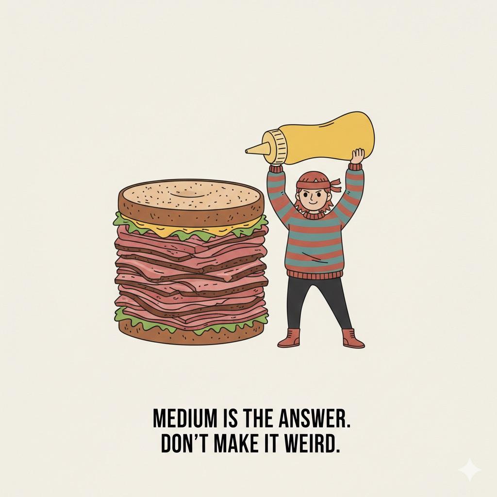 Minimalist character with a giant mustard bottle standing next to a massive Montreal smoked meat sandwich on rye, emphasizing the "Medium" cut rule for local delis.