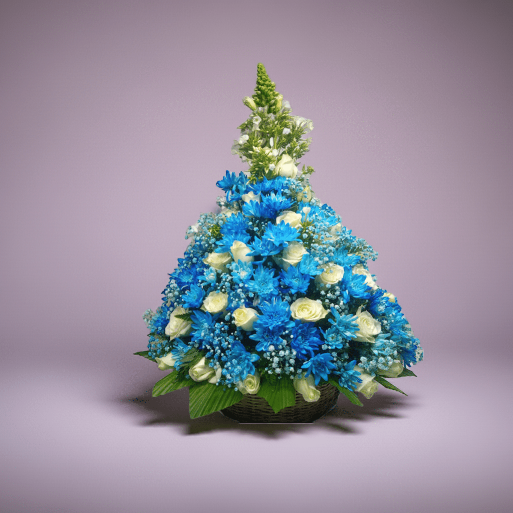 Elegant flower basket with vibrant blue chrysanthemums and pure white roses arranged beautifully in a handcrafted wicker basket, fresh and ready for same-day delivery by Nairobi florists, perfect for gifts and home décor.