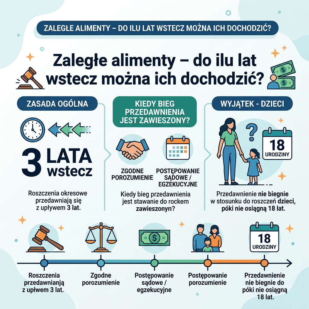 Infografika: alimenty przedawniają się po 3 latach, wyjątek dotyczy dzieci do 18. urodzin.
