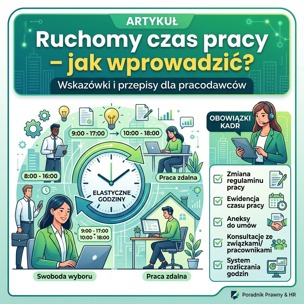 Infografika „Ruchomy czas pracy – jak wprowadzić?” z poradami dla pracodawców, godzinami pracy, pracą zdalną i listą obowiązków kadr.