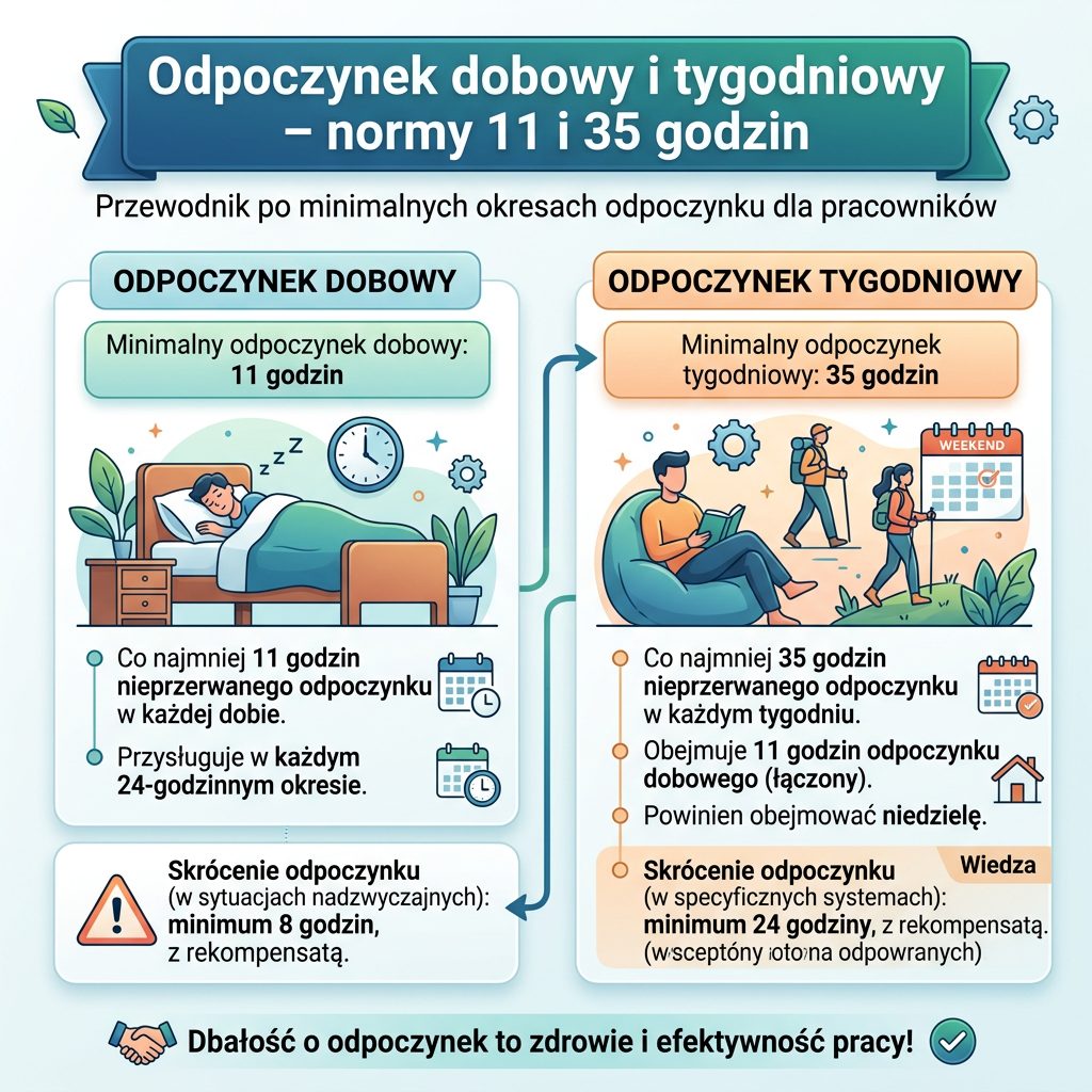 Infografika: odpoczynek dobowy 11 godzin i tygodniowy 35 godzin