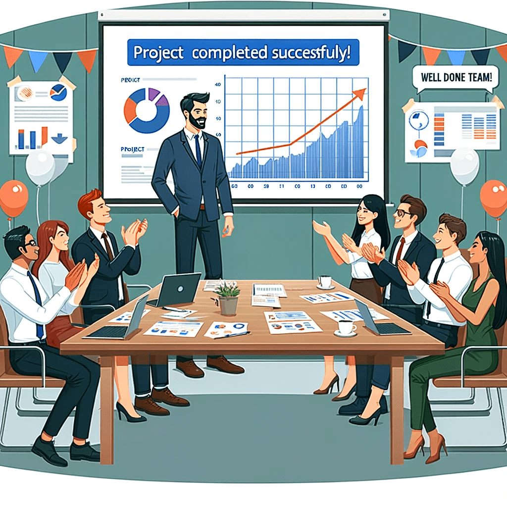 Project manager celebrating with team around a conference table, with a 'Project Completed Successfully' screen in the background, signifying teamwork and achievement in project completion