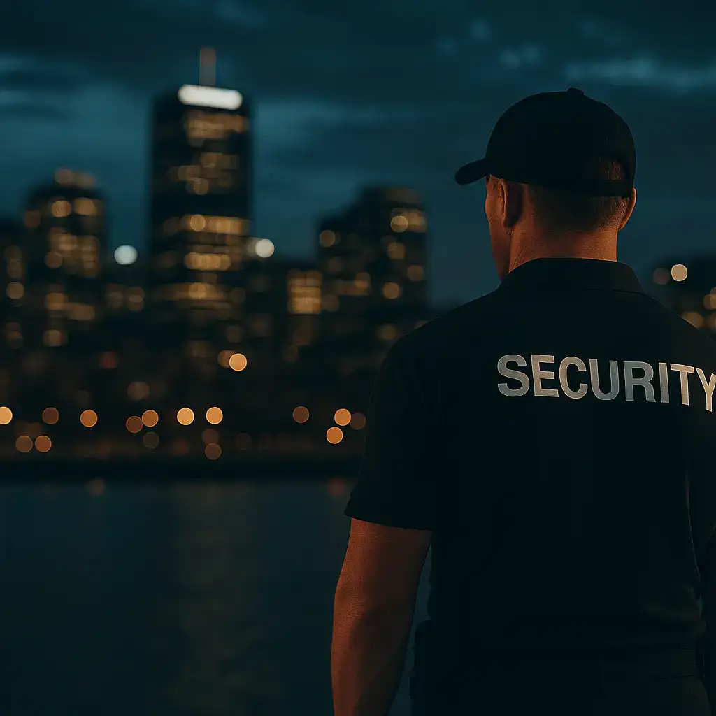 Security guard Sydney overlooking the Sydney skyline at night with blurred city lights in the background. Security Response Sydney