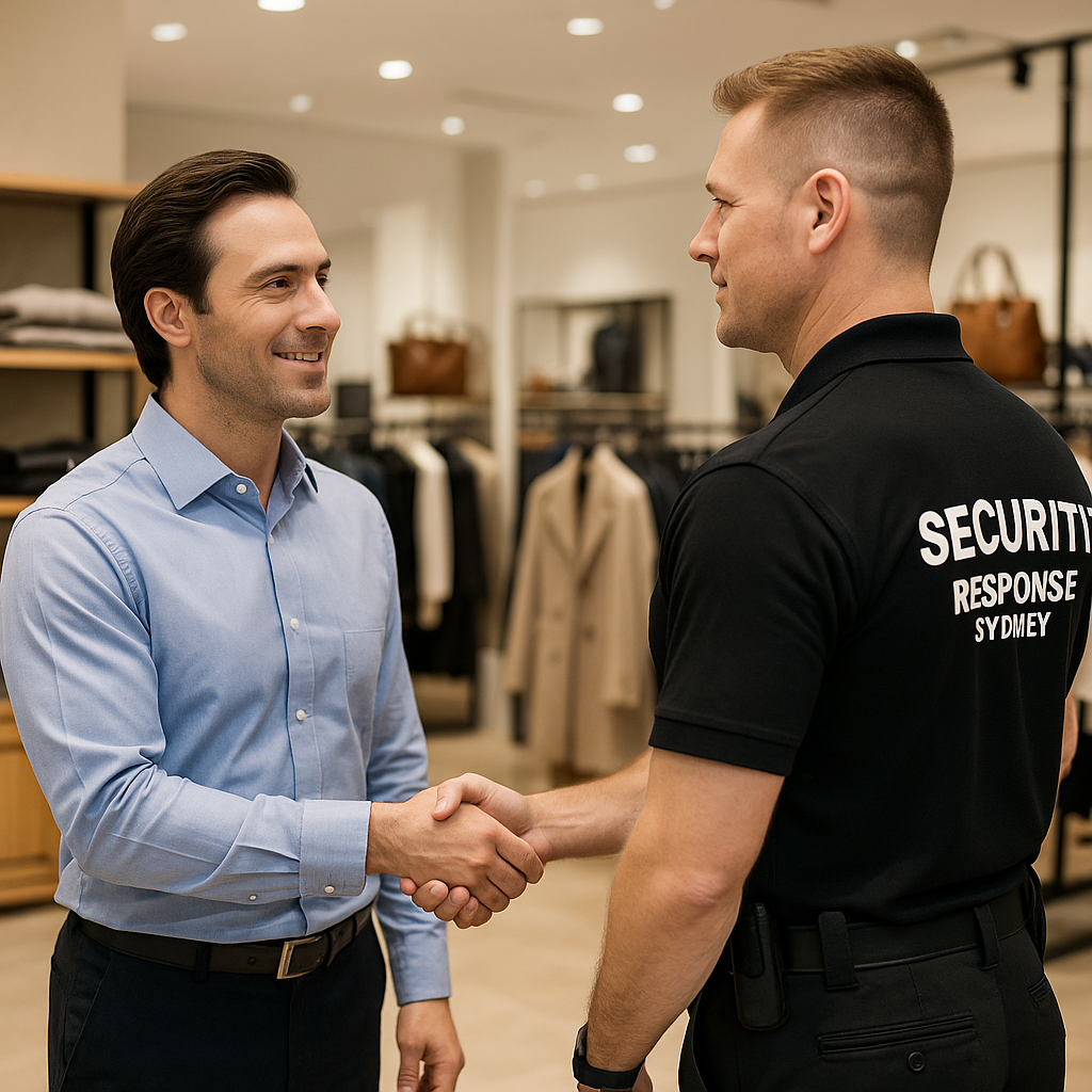 Retail store manager shaking hands with a Security Response Sydney officer inside a high-end clothing store.