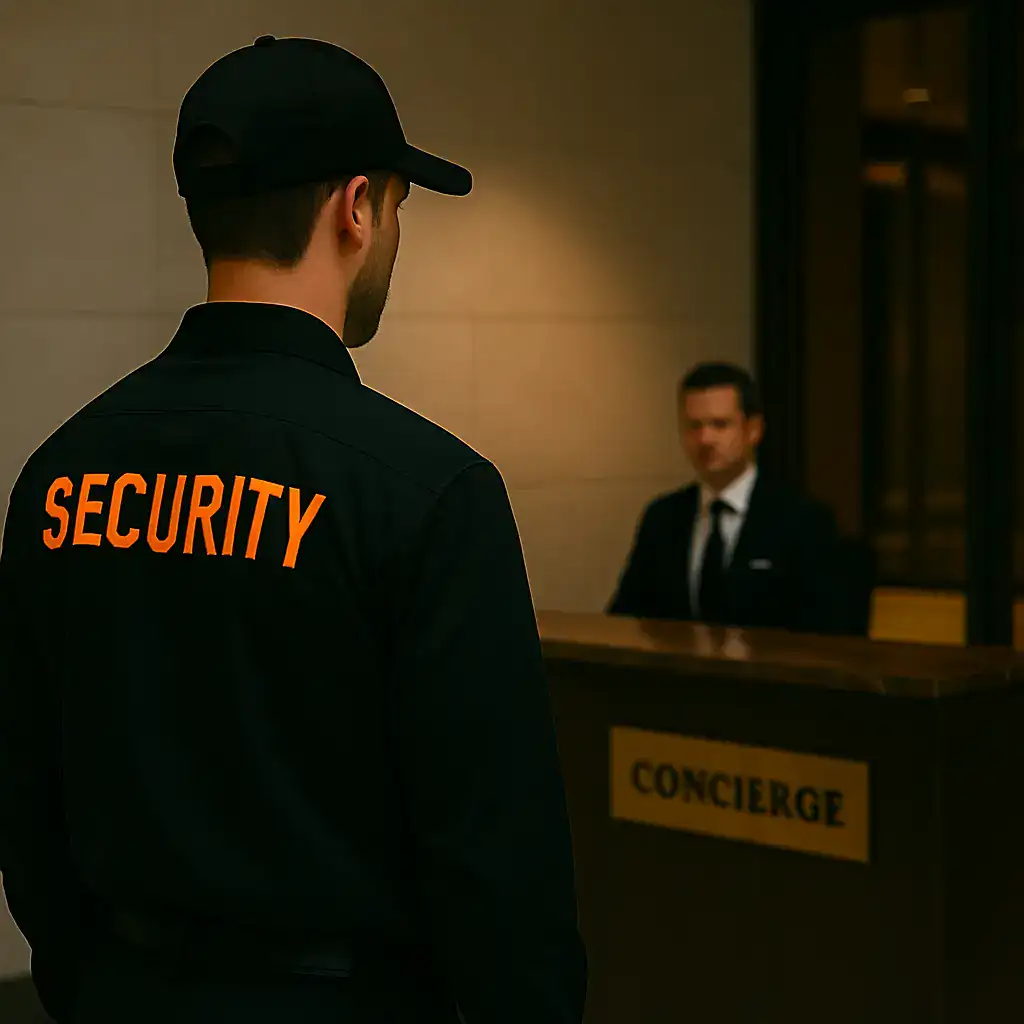 Concierge security guard greeting residents at a luxury apartment in Zetland.