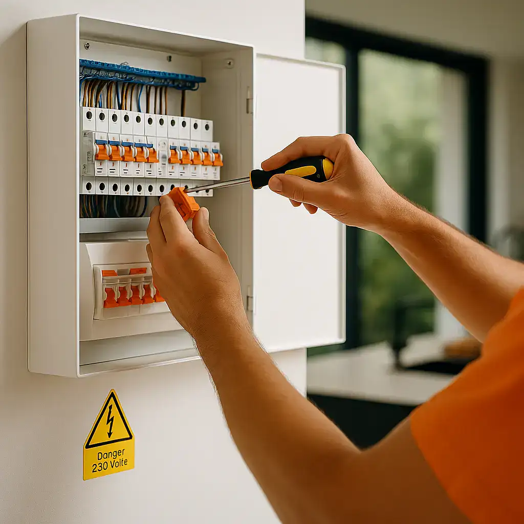 Close-up of RCD safety switches being installed in a modern switchboard by a licensed electrician in Sydney.