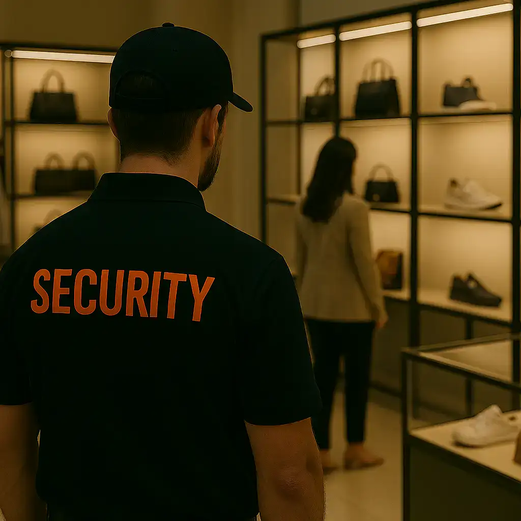 retail security officer positioned inside a high-traffic shopping mall