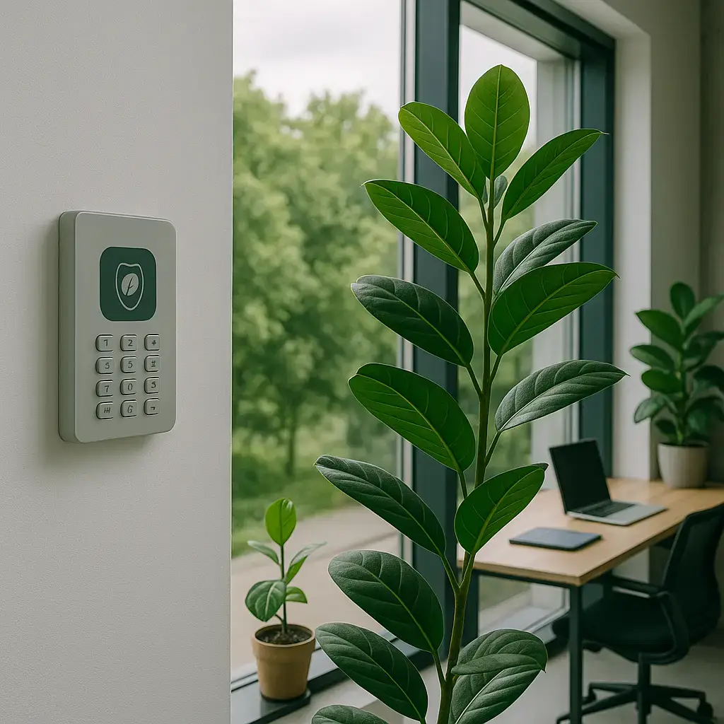 Modern eco-friendly office interior featuring a smart security keypad and lush greenery near a Sydney workspace.