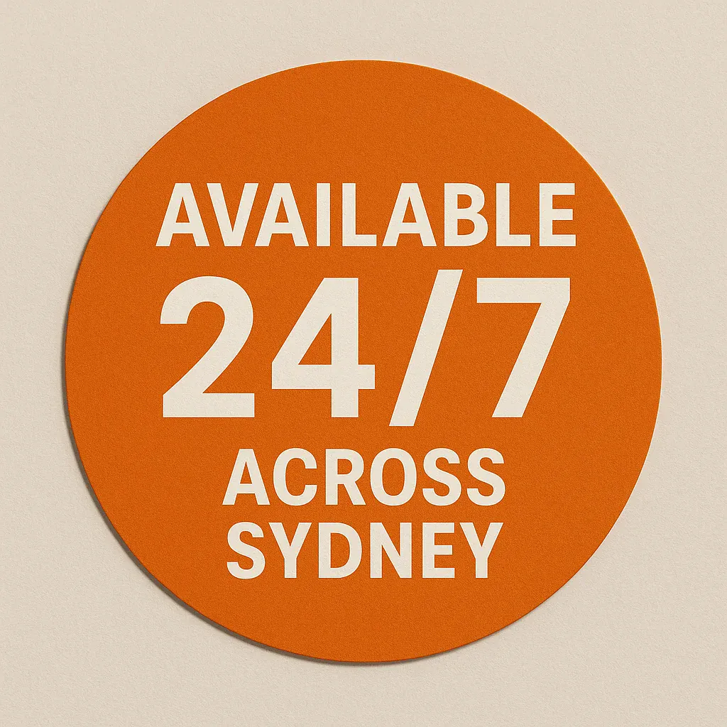 Circular badge stating 24/7 availability by Security Response Sydney