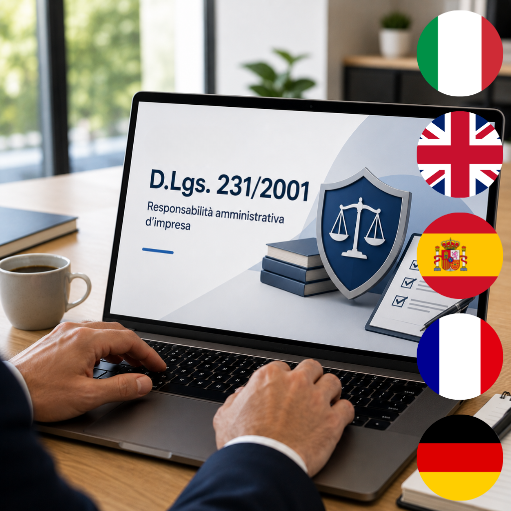 Laptop displaying Italian legal text 'D.Lgs. 231/2001 - Responsabilità amministrativa d’impresa' with a shield icon and stacked books, overlaid with Italy and other country flags (UK, Spain, France, Germany). Annotations imply multinational corporate compliance.