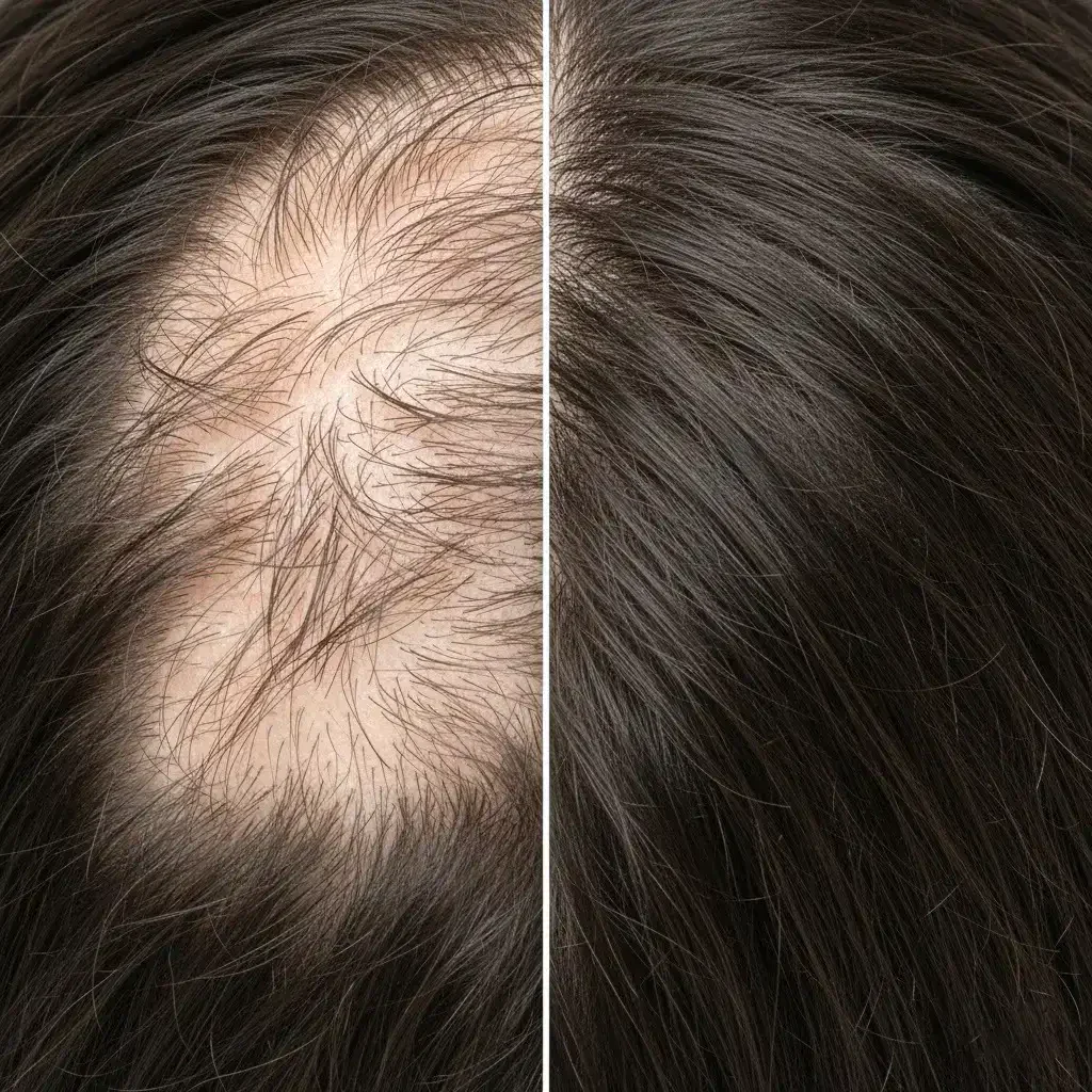 comparative image showing what does hair look like before and after having trichotillomaia. Irregular broken hair on the left, smooth healthy scalp on the right