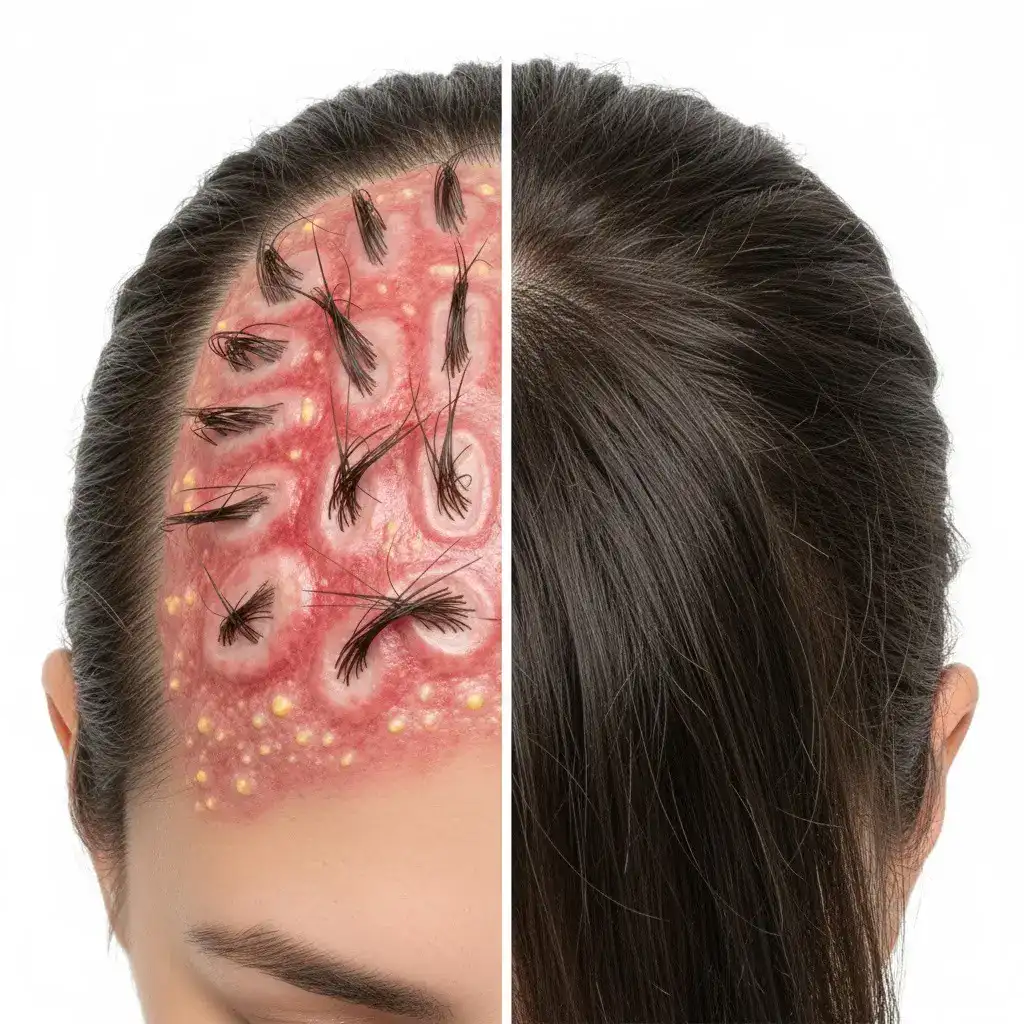 comparative image of what hair looks like before and after having folliculitis decalvans. alopecia areata vs healthy hair