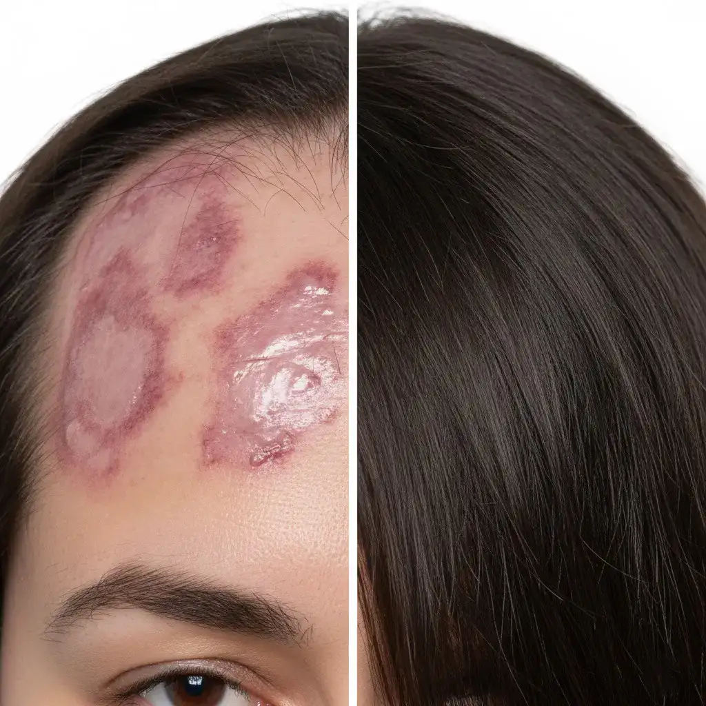 Lichen Planopilaris before and after picture of lichen planopilaris vs healthy hair. Scarring on the left side healthy scalp and density on the right side.