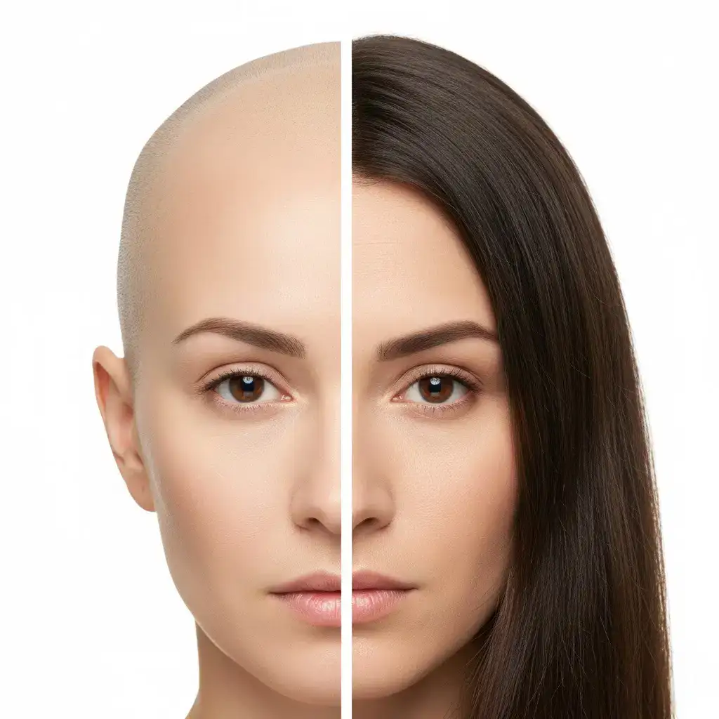 Comparative before and after picture showing what hair looks like before and after having alopecia totalis