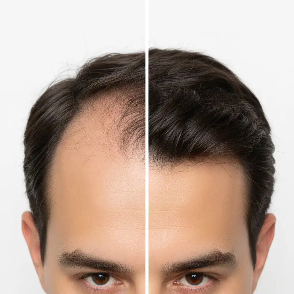 Diffuse miniaturization, widened part, thinning at crown + temples