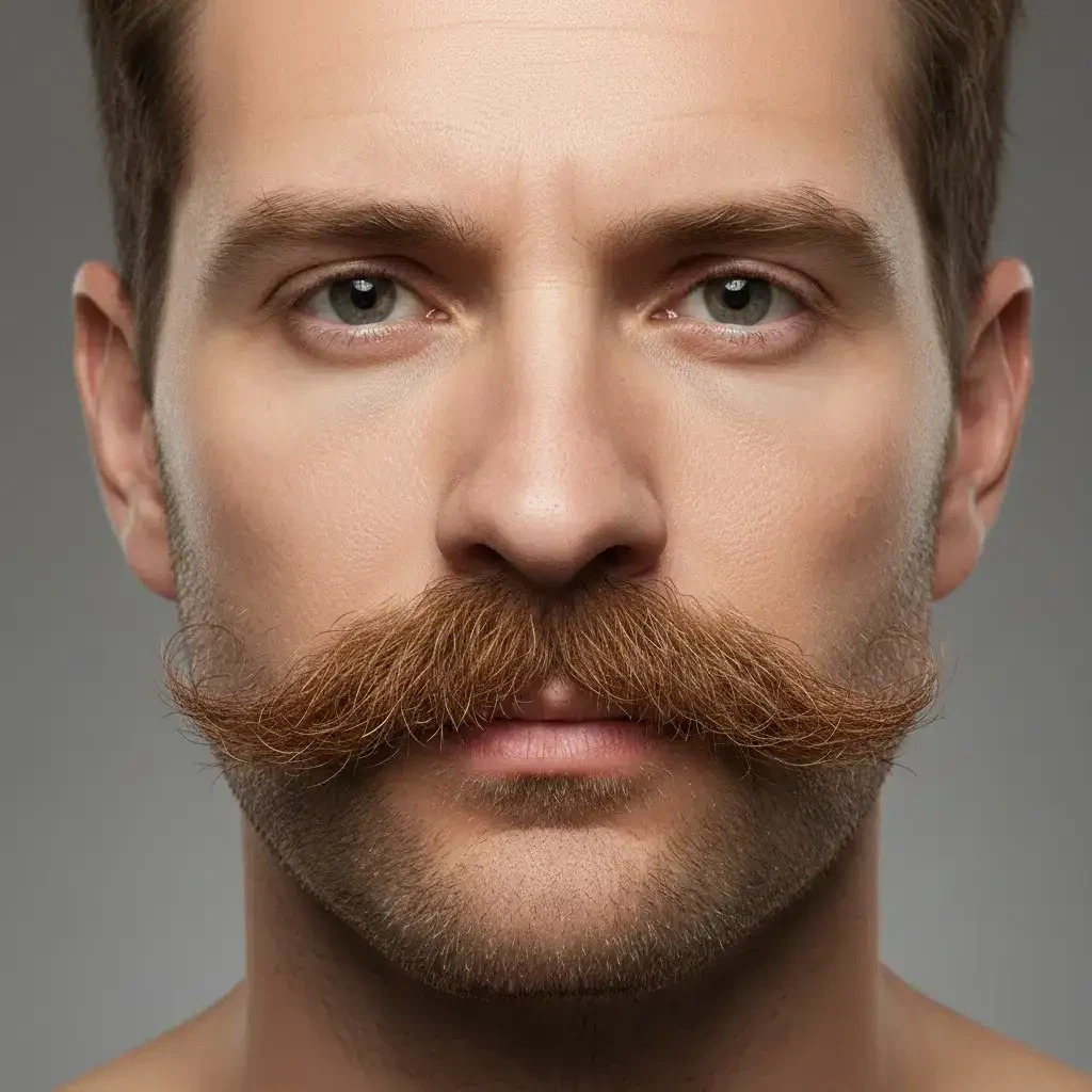 Шаблон усов: сверхдетальный крупный план портрета мужчины с венгерскими усами после пересадки.
