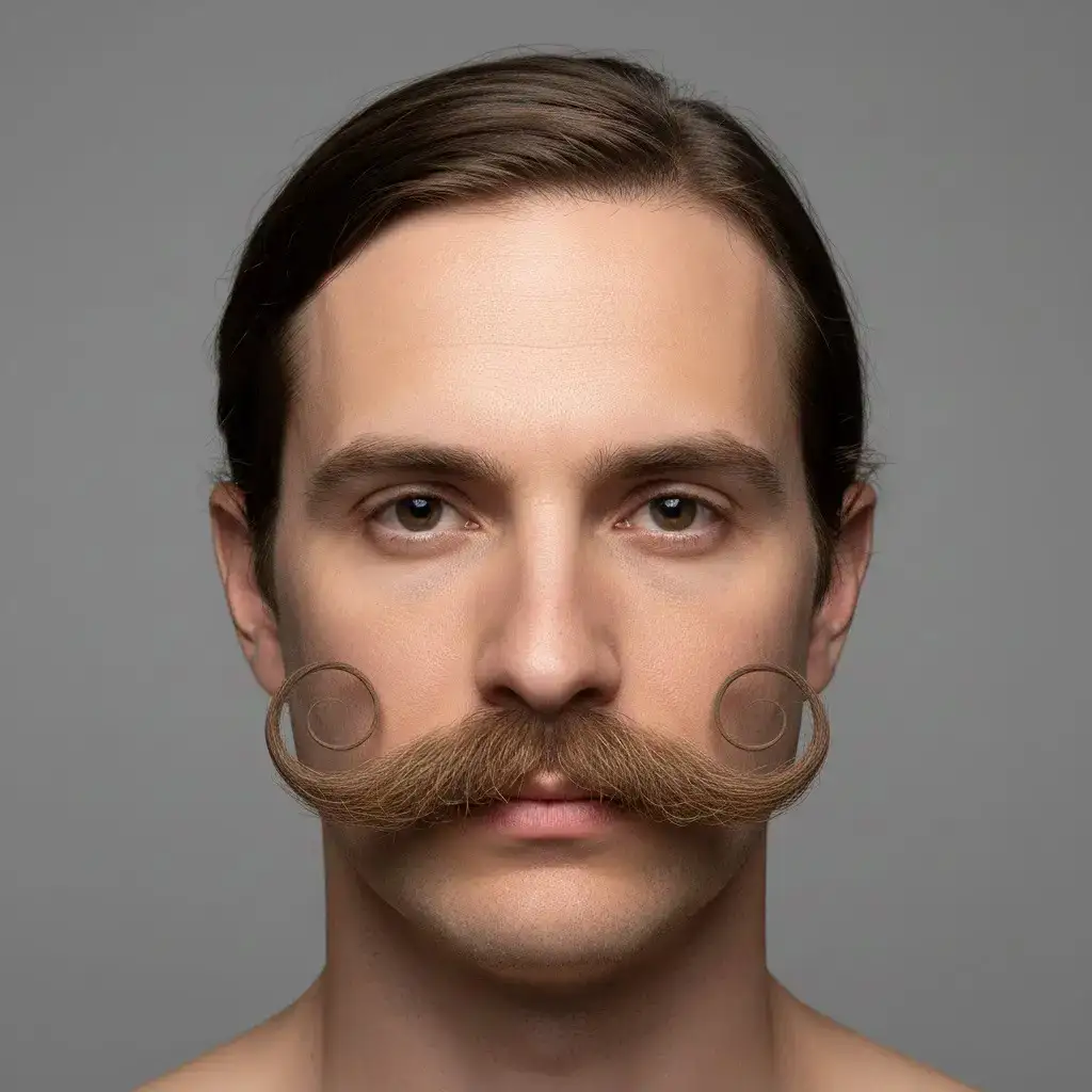 Шаблон усов: сверхдетальный крупный план портрета мужчины с имперскими усами после пересадки.
