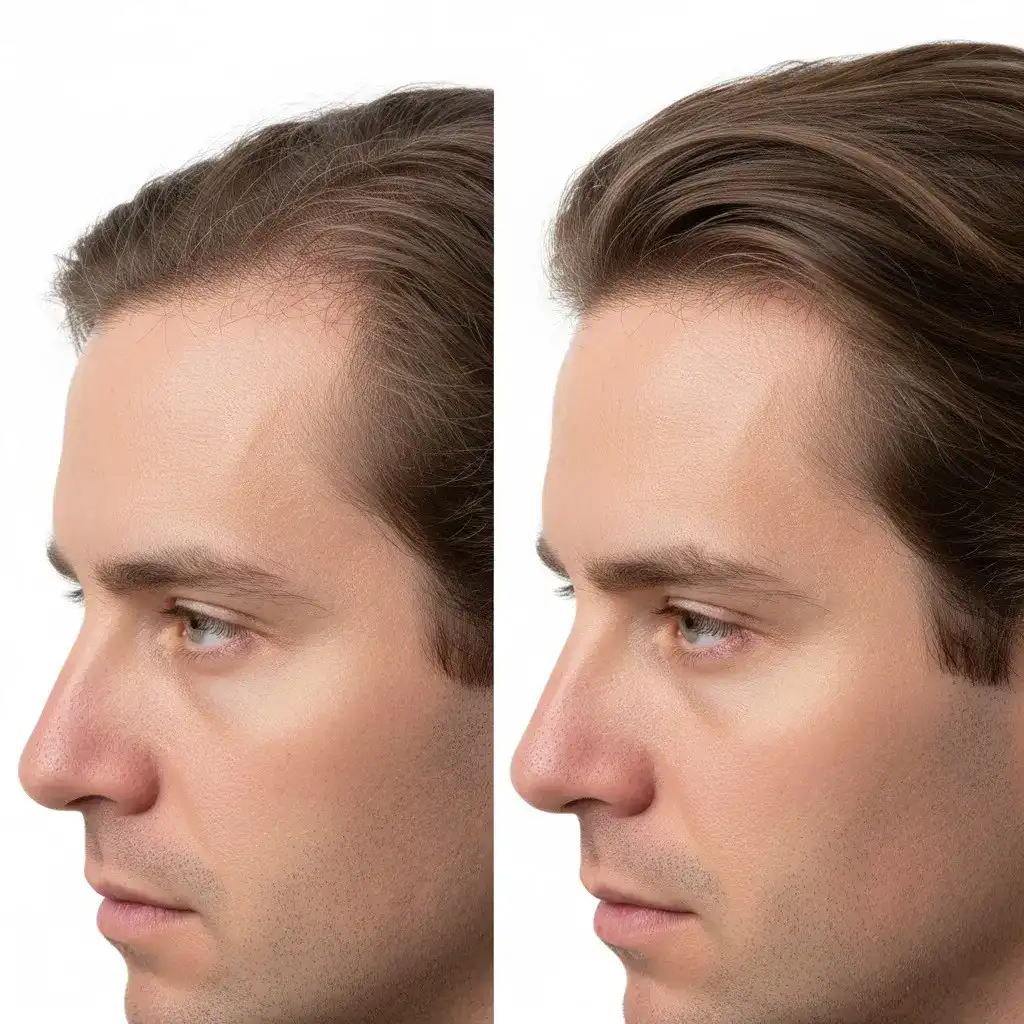 Клинические фотографии, на которых сравниваются неудачная пересадка волос с низкой плотностью и прозрачной кожей головы с идеальным успешным результатом. Левая сторона ясно иллюстрирует осложнение, а правая сторона показывает густой, естественный рост волос при идентичном освещении и кадрировании для медицинского сравнения.