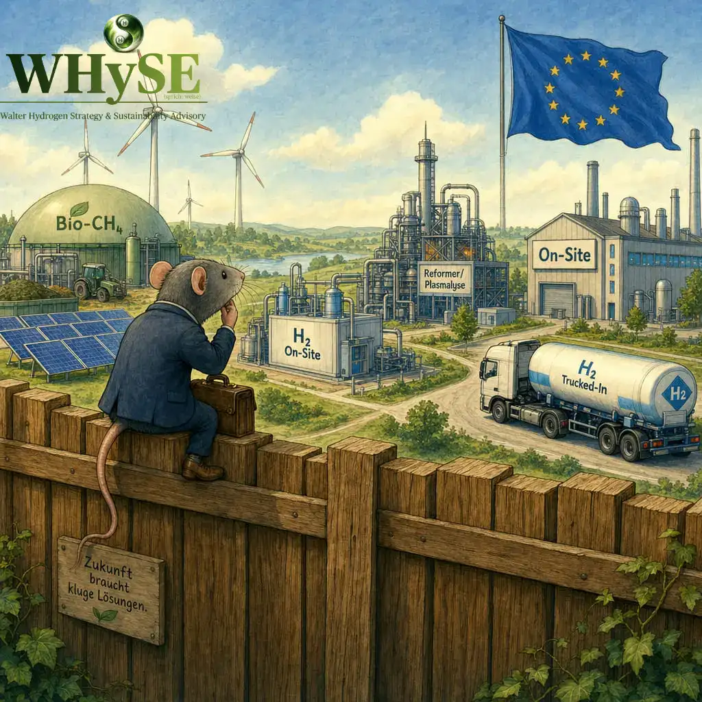 Rat sits thoughtfully on a wooden fence overlooking a landscape with H2 plants, wind turbines, solar fields and an H2 truck
