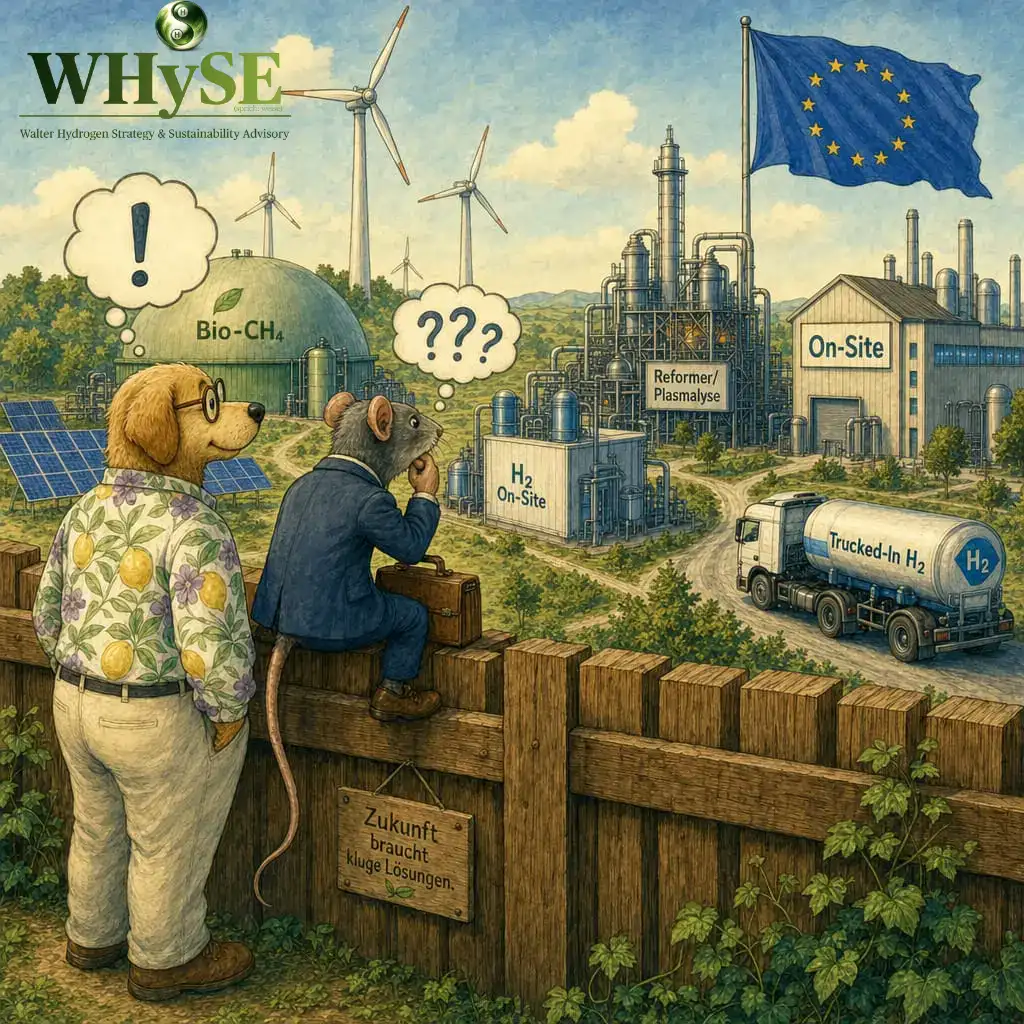 WHySE creatures stories: Rat and Dog looking at a hydrogen plant with On-Site and Trucked-In H₂ solutions, Bio-CH4, and reformer/plasmalysis. Wind turbines and EU flag in the background – symbolizing clear answers in hydrogen advisory.