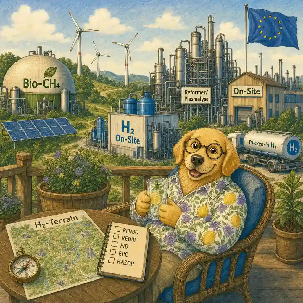 Dog sits on a veranda in front of the H₂-terrain-map with compass and checklist. IIn the background, there are hydrogen plants, wind turbines, solar panels and an EU flag.