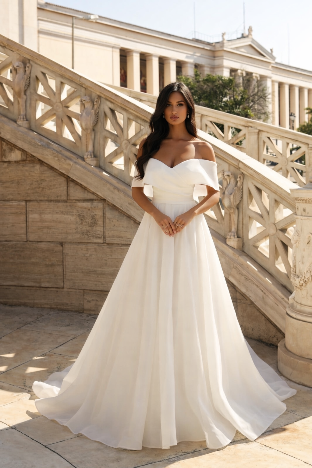 Ρομαντικό νυφικό off shoulder από μεταξωτή οργάντζα-αέρινη πολυτέλεια και διαχρονική κομψότητα.