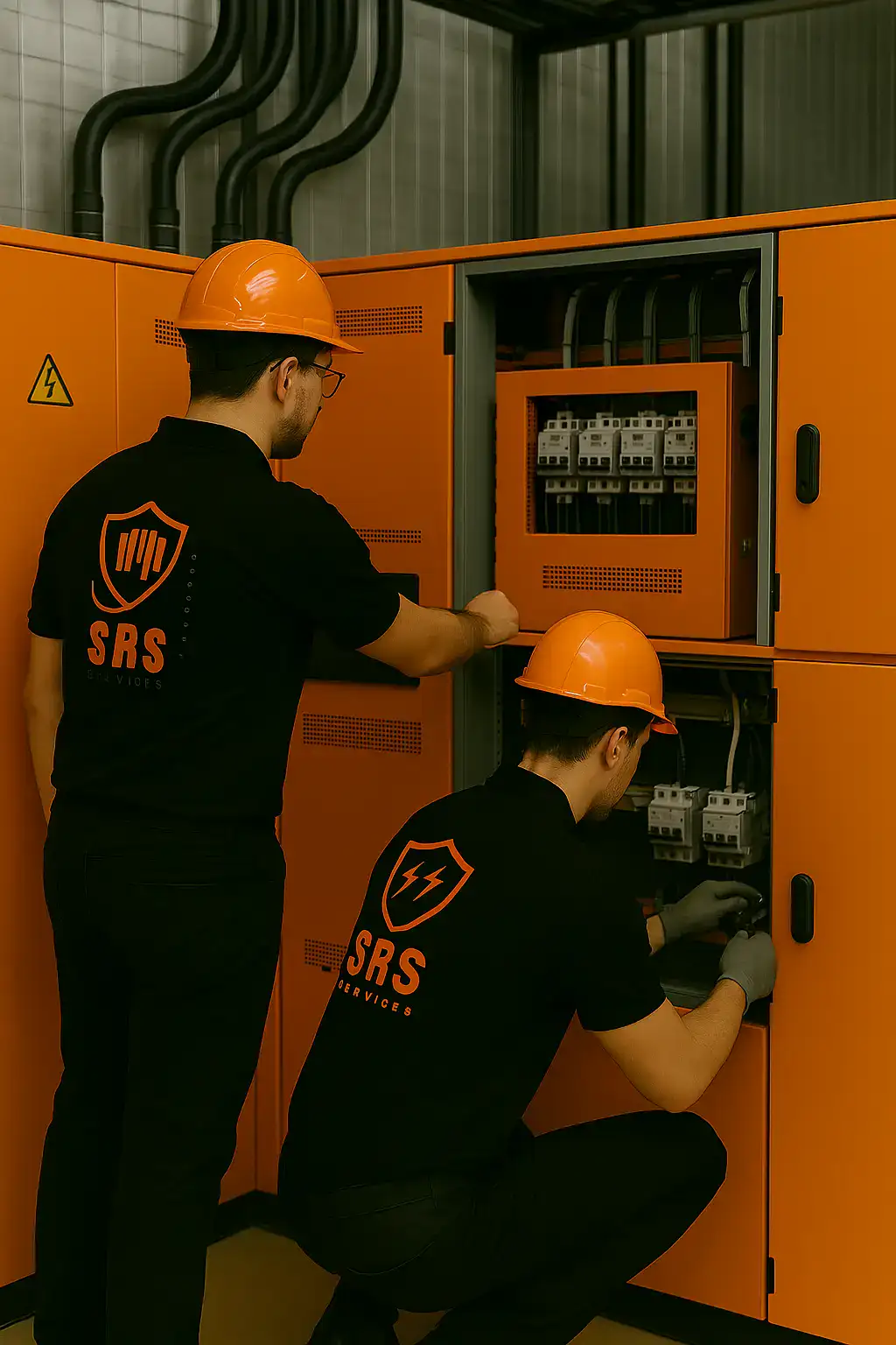 SRS electricians servicing a large orange commercial electrical panel in an industrial environment