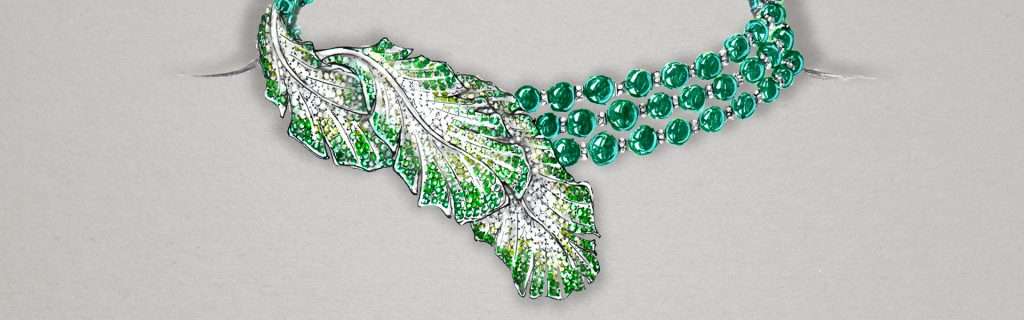 Fei Liu's bespoke Green Tourmaline Feather Neckpiece sketch.