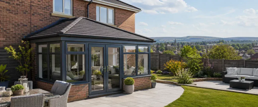 Conservatory roof replacement in Bury featuring a premium tiled warm roof on a brick conservatory with modern glazing and landscaped family garden.