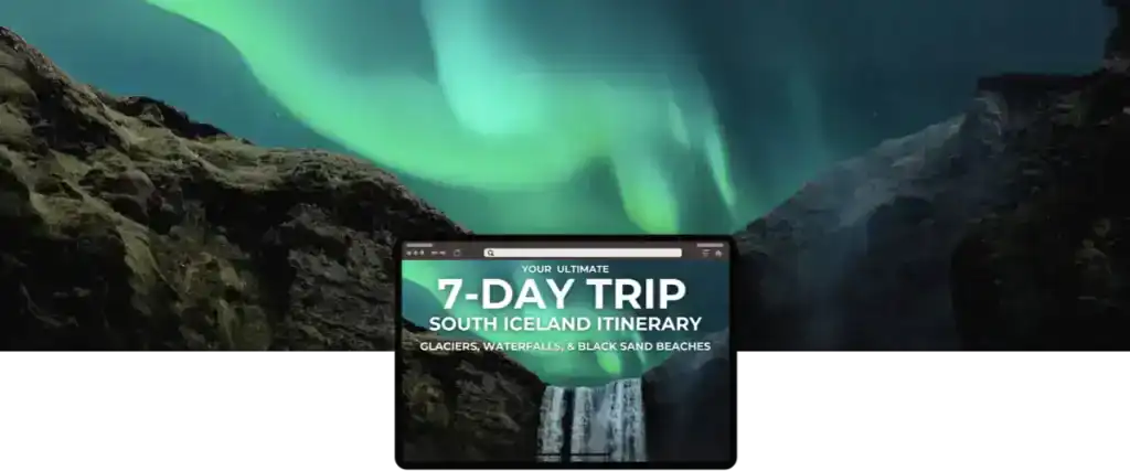 The Northern Lights glow vividly above a dramatic Icelandic canyon with moss-covered cliffs and a waterfall. Overlaid is a travel web interface titled “Your Ultimate 7-Day Trip – South Iceland Itinerary,” highlighting glaciers, waterfalls, and black sand beaches.
