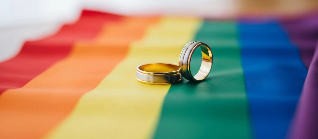 Gleichgeschlechtliche Ehe - Eheringe auf Regenbogenfahne