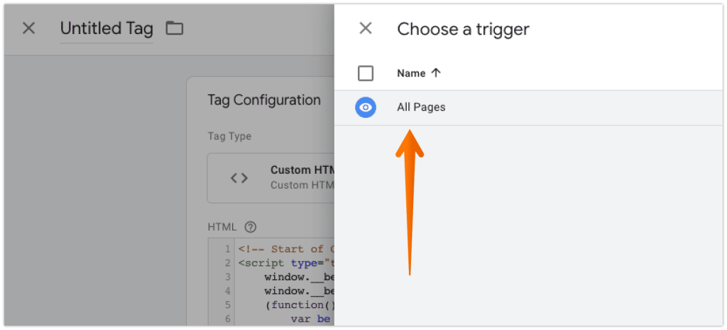Click on the Triggering tile and select All pages from the tags list