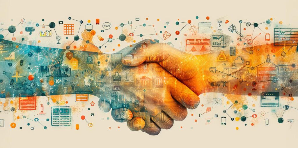 Verhandlungstechniken - Symbolbild Handshake, digitalisiert, KI generiert